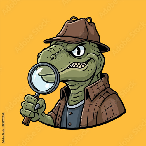 Curious Reptilian Detective Mascot with Magnifying Glass Unraveling Mysteries