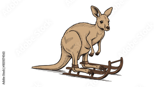 Kangaroo on Sled: A whimsical illustration of a kangaroo enjoying a playful ride on a wooden sled, embodying the spirit of winter fun.