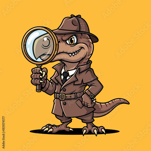 Cartoon T-Rex detective in a trench coat holding a magnifying glass