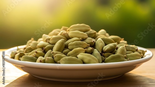 A close-up bowl of green cardamom seeds on a white background showing fresh organic aromatic spice seeds