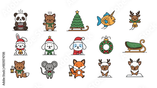 Holiday Cheer Icons: Festive icons capturing the spirit of winter holiday with diverse animated characters and traditional holiday element in a cohesive, whimsical style.