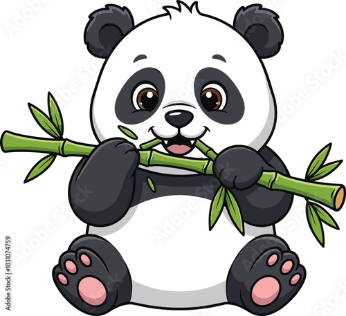 Adorable cartoon baby panda sitting and happily eating a large bamboo shoot, illustrating cute wildlife, natural habitat, endangered species, and animal conservation concepts.