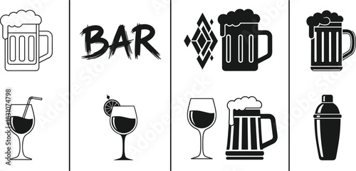 Black and White Bar Drink Icons Set: Beer Mugs, Wine Glasses, Cocktail Shaker, and "BAR" Lettering Flat Vector Illustration for Pub and Restaurant