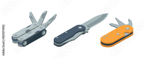 Diverse multitools and pocket knife collection on white background