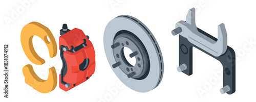 Isometric car brake system components illustration with caliper, rotor, and mounting bracket