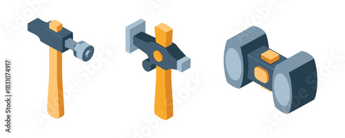 Isometric design of three different hammers on white background