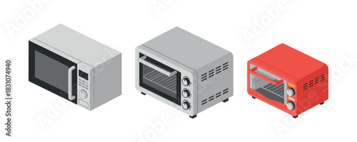 Three modern kitchen appliances: microwave and two toaster ovens in isometric view