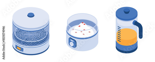 Isometric kitchen appliances: food dehydrator, yogurt maker, french press beverage maker