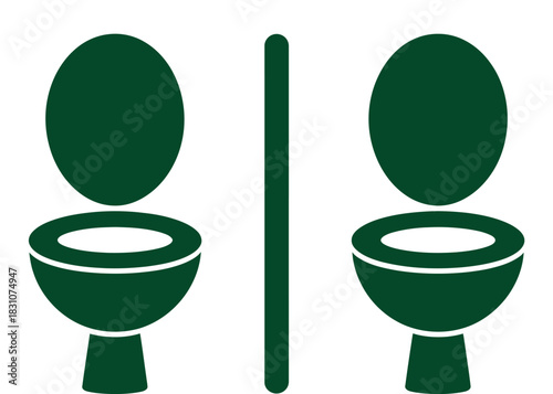 Illustration of a public restroom sign with two toilets and a divider line
