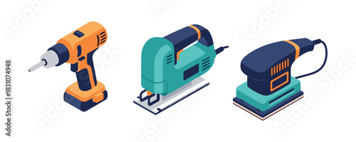 Isometric power tools: drill, jigsaw, and sander illustration