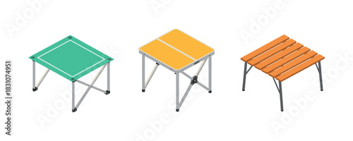 Set of three colorful folding camping tables on white background