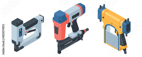 Collection of three colorful isometric nail guns in different styles