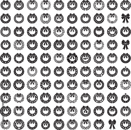 Christmas wreath with bow silhouette set in festive decoration poses