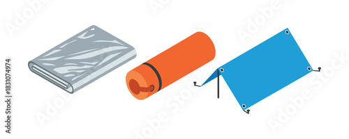 Camping gear: sleeping bag, orange sleeping mat, and blue tent tarp