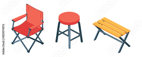 Set of red folding chair, red stool, and yellow folding bench