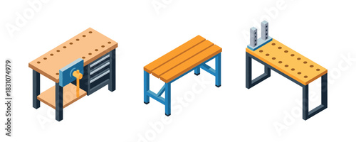 Isometric workbenches set with tools and shelves for workshop