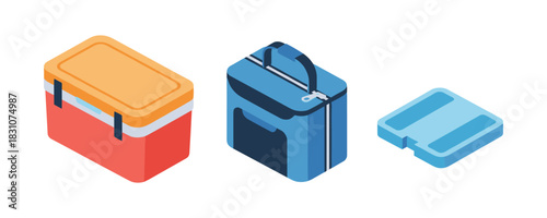 Isometric view of portable coolers and lunch box