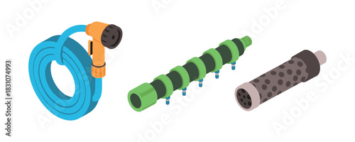 Illustration of garden hose, drip irrigation system, and soaker hose on white background