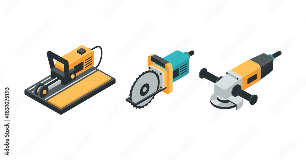 Fototapeta premium Isometric power tools set: tile cutter, circular saw, and angle grinder