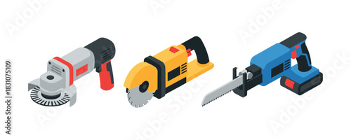 Isometric power tools: angle grinder, circular saw, reciprocating saw illustration