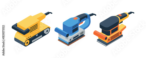 Set of three electric sanding machines: belt, orbital, and detail sanders