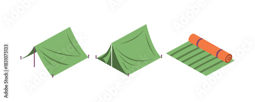Camping equipment: green tents and orange sleeping mat