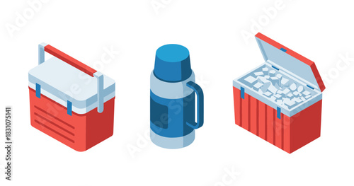 Red cooler box and thermos with ice cubes on white background