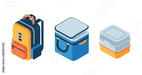Modern isometric backpack, cooler, and lunchbox design on white background