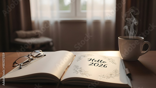 Open planner with hello 2026 message and steaming coffee mug