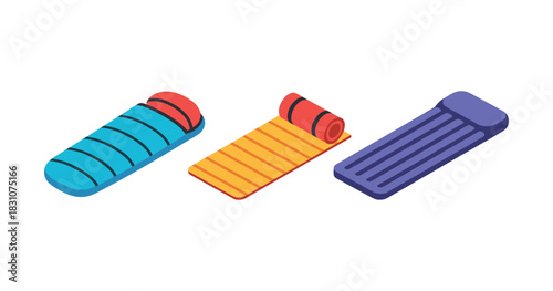 Colorful isometric sleeping bags and sleeping mat set on white background