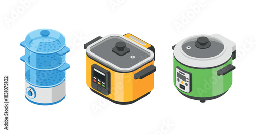Isometric kitchen appliances: steamer, multi-cooker, rice cooker