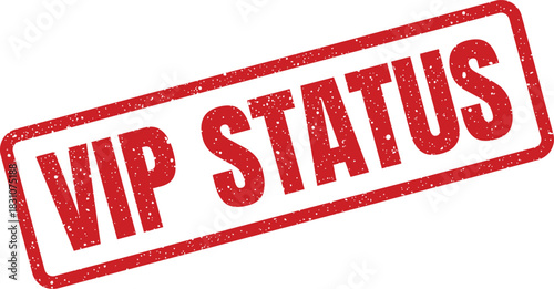A rectangular distressed rubber stamp features the prominent text VIP STATUS for exclusive access privileges