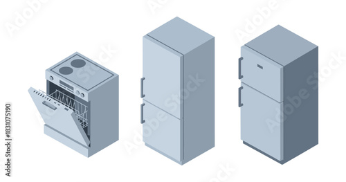 Isometric view of kitchen appliances: oven, dishwasher, and refrigerator