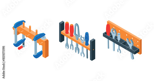 Set of diverse wall-mounted tool racks with clamps and wrenches vector