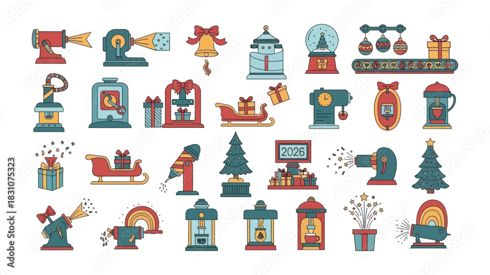 Fototapeta premium Christmas Icons Collection: A vibrant collection of Christmas-themed icons, depicting festive objects such as bells, ornaments, gift boxes, and festive lanterns.