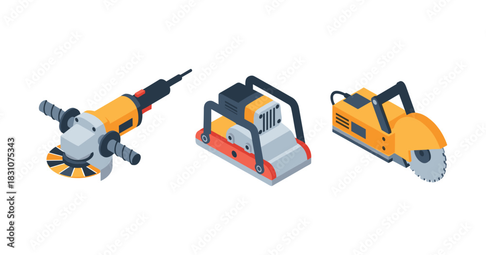 Fototapeta premium Industrial power tools set including grinder compactor and cut-off saw illustration