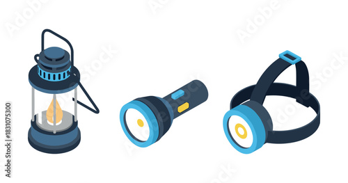 Isometric lantern, flashlight, and headlamp set for camping and outdoor use