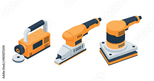 Set of three electric sanders: belt, sheet, and orbital sanding tools in isometric design