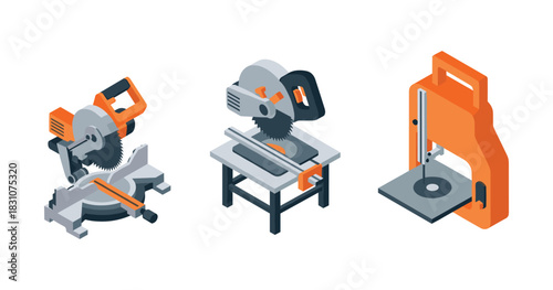 Isometric illustration of power saws and cutting tools