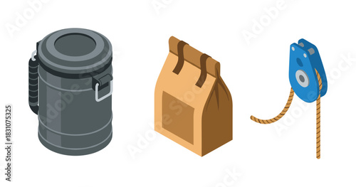 Isometric illustrations of thermos, paper bag, and pulley on white background