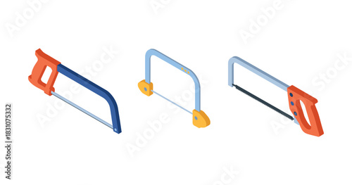 Isometric set of hand tools: hacksaws with colorful handles