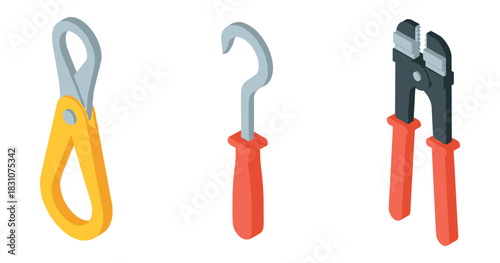 Set of three hand tools: snips, hook, pliers with red handles