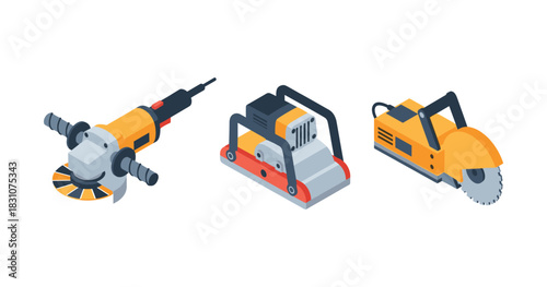 Industrial power tools set including grinder compactor and cut-off saw illustration