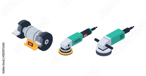 Set of industrial power tools: bench grinder, belt sander, angle grinder