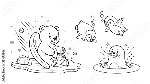 Arctic Adventure: A playful bear slides down an iceberg, penguins swim joyfully in the water, and a seal pops up in a snowy landscape.