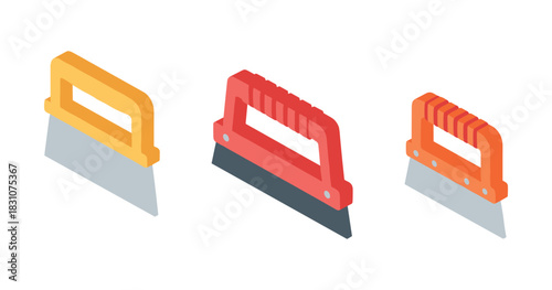 Isometric hand saws set with different color handles on white background