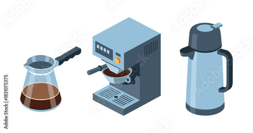 Isometric coffee set: coffee pot, espresso machine, and thermos
