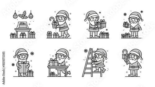 Santa Claus's busy season: A collection of Santa Claus illustrations showing the holiday season spirit, focusing on the various festive tasks he undertakes to make the season memorable.