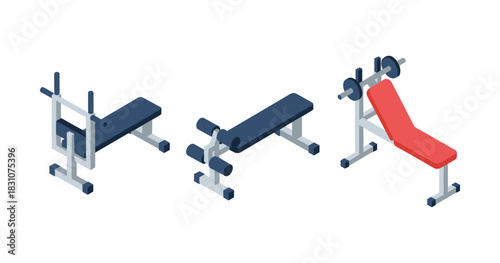 Isometric gym equipment set with benches and weight rack