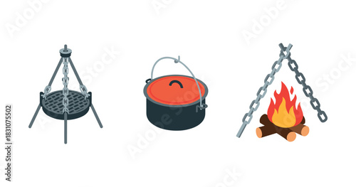 Camping equipment: tripod grill, dutch oven, and campfire essentials